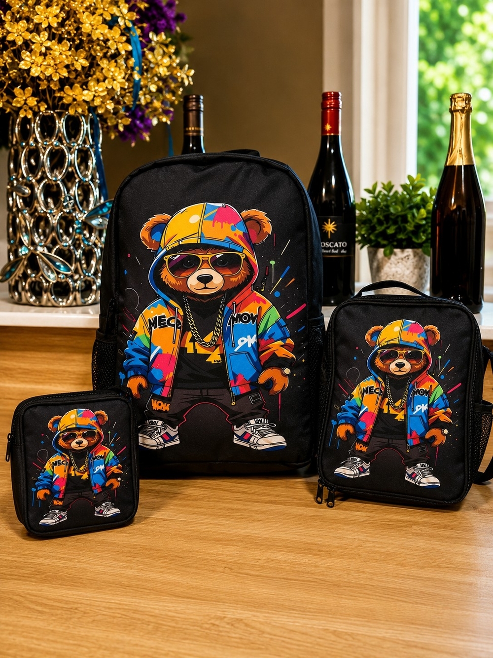 Kids Black Backpack Set with Colorful Bear Graphic - Unbranded